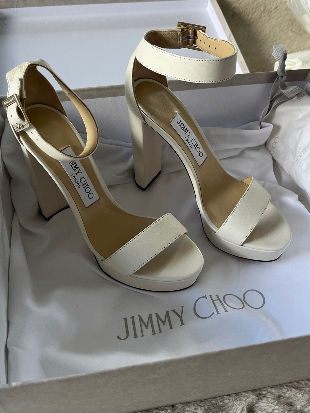 Jimmy Choo White Leather Platform Block Heels